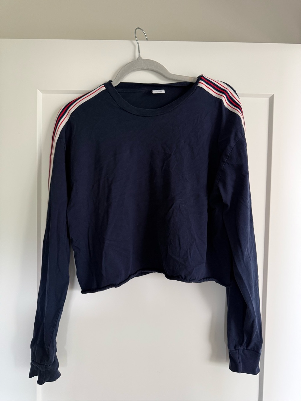 Women's Navy Cropped Long-Sleeve Top with Red & White Shoulder Stripes M